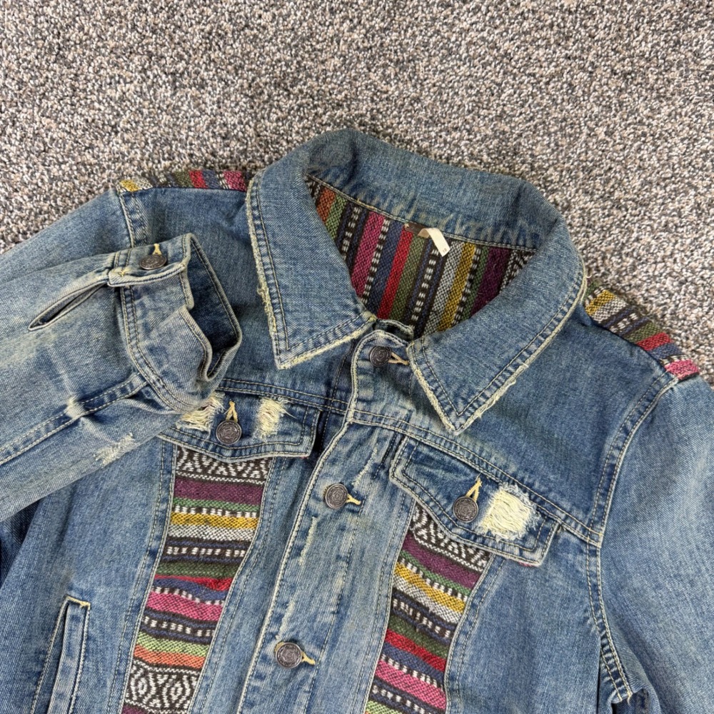 Free People Denim Trucker Jacket Womens 10 Woven Southwestern Panels Distressed